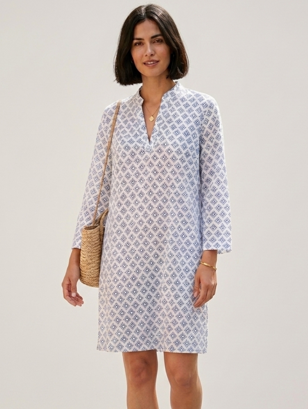 MAHOGANY 100% Cotton Indie Folk Geometric Tunic Dress, Blue & White Boho Size L